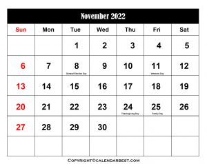 Free Printable November Calendar 2022 with Holidays