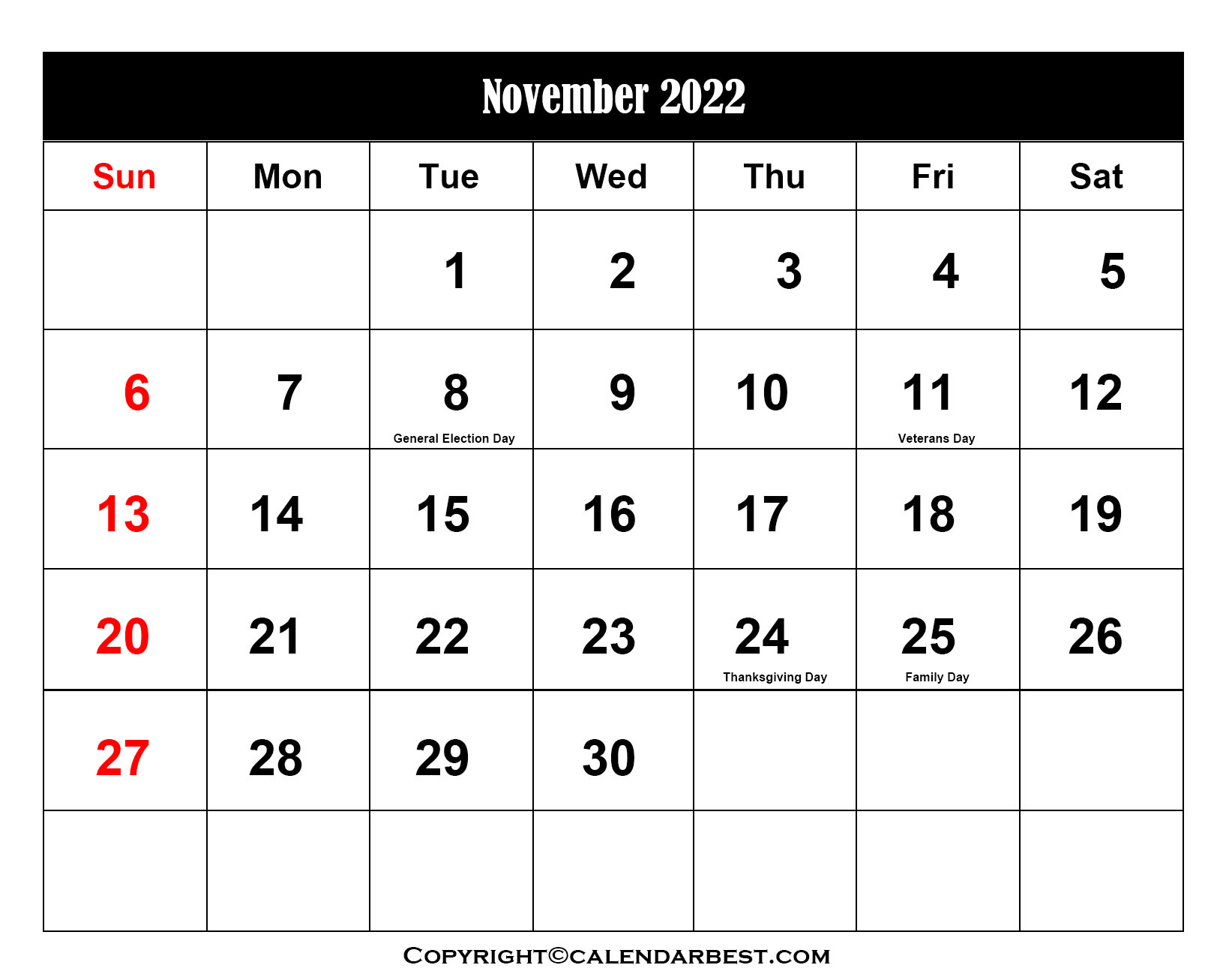 Free Printable November 2022 Calendar With Holidays 20 November 2022 