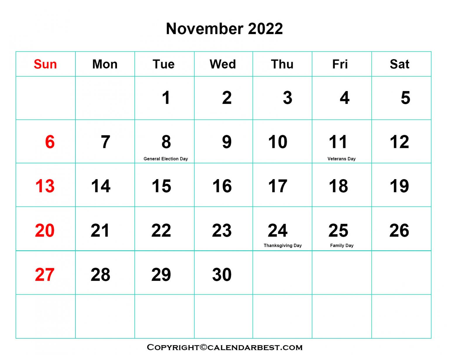 Free Printable November Calendar 2022 with Holidays