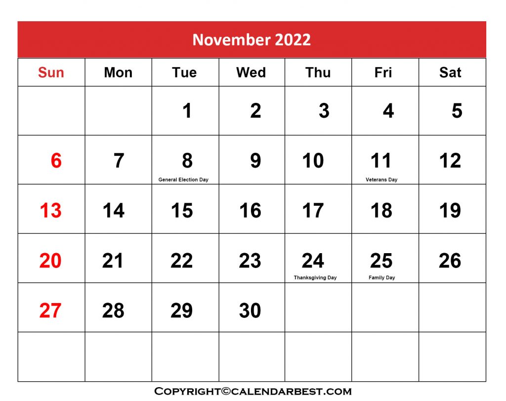 Free Printable November Calendar 2022 with Holidays