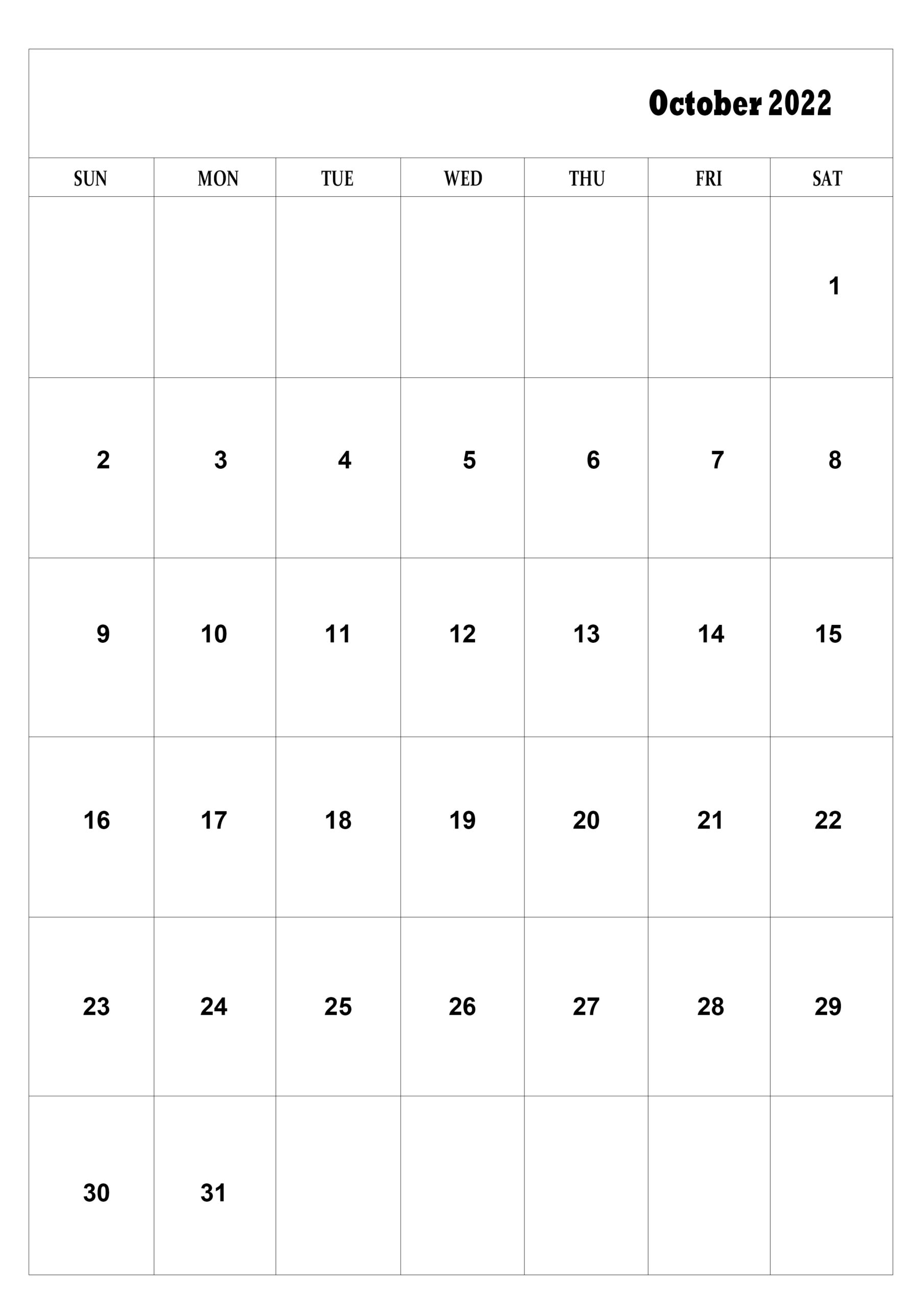 Free Printable October calendar 2022 A4 Size Template