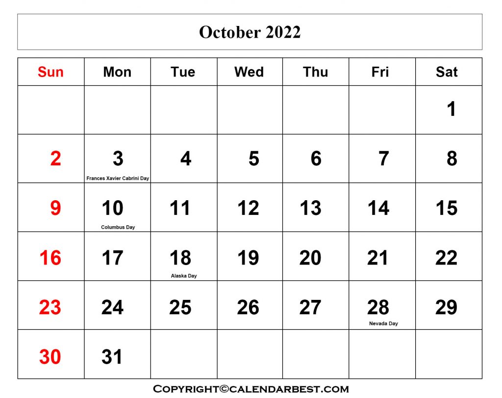 October Calendar 2022 with Holidays