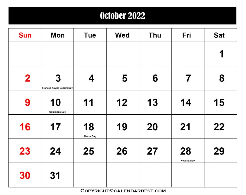 October Holiday Calendar 2022
