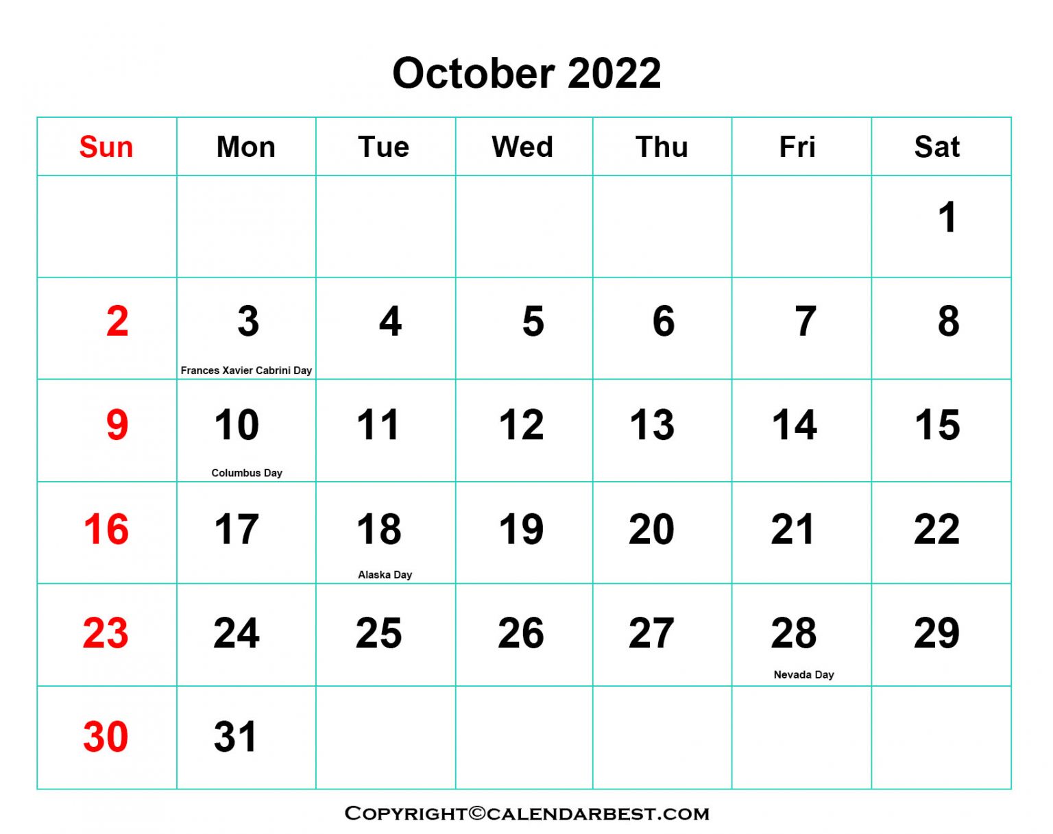 Free Printable October Calendar 2022 with Holidays