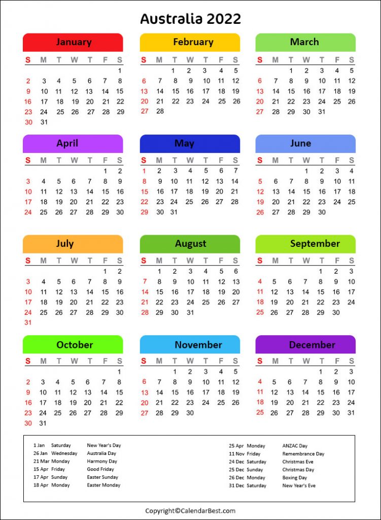 Printable Calendar 2022 Australia