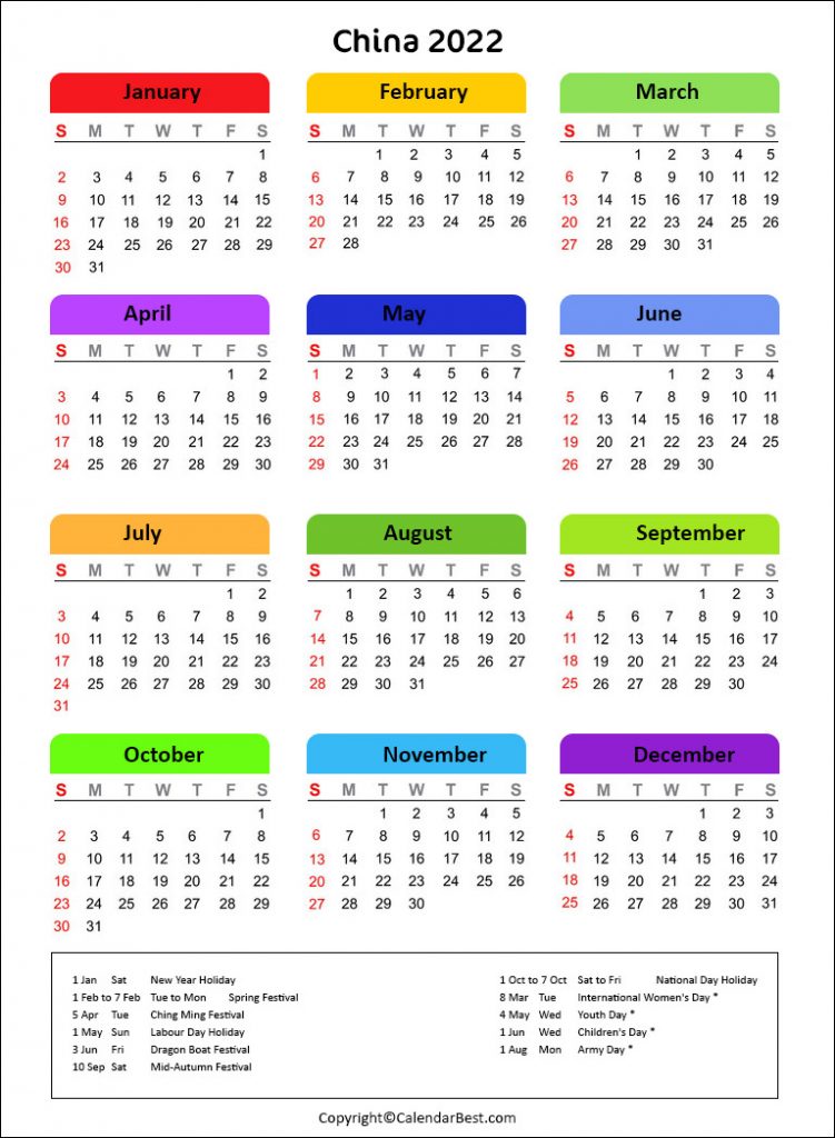 Printable China Calendar 2022