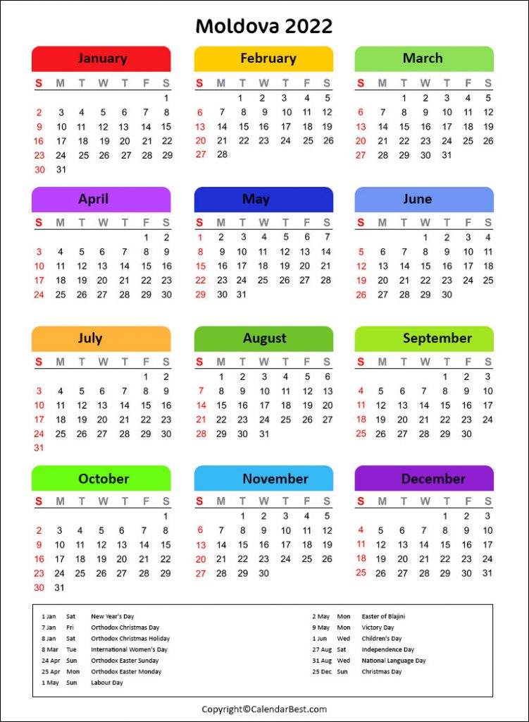 Printable Moldova Calendar 2022