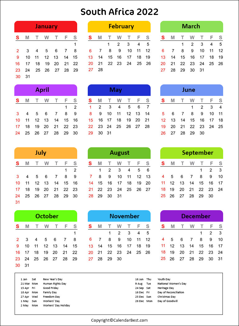 Free Printable South Africa calendar 2022 With Holidays