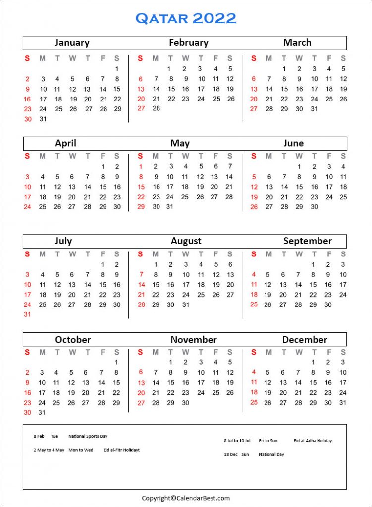 Qatar Holiday Calendar 2022