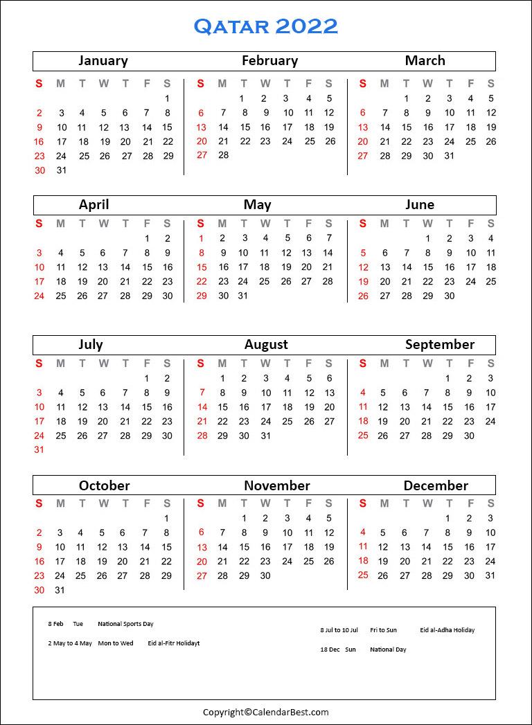 Fifa World Cup 2022 Calendar Pdf Free Printable Qatar Calendar 2022 With Holidays