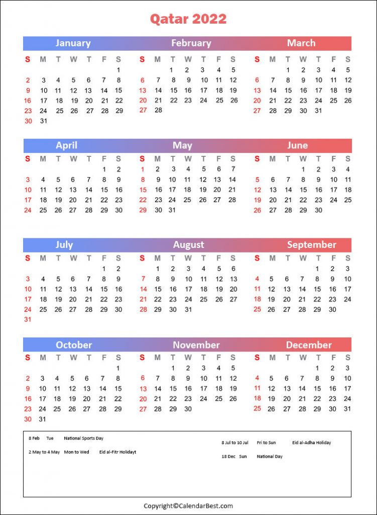Printable Qatar Calendar 2022