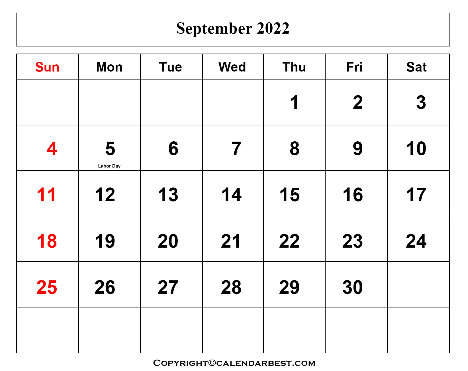 Free Printable September Calendar 2022 with Holidays