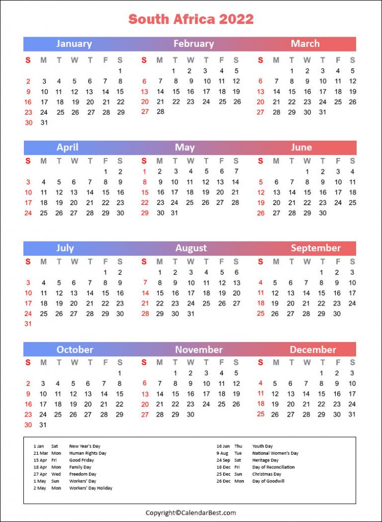 Printable Calendar 2022 South Africa