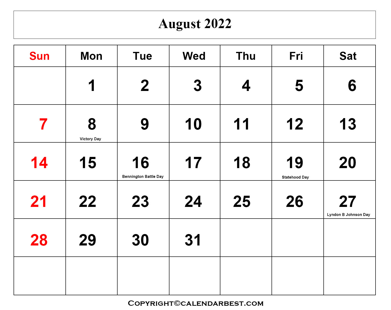 Free Printable August calendar 2022 with holidays
