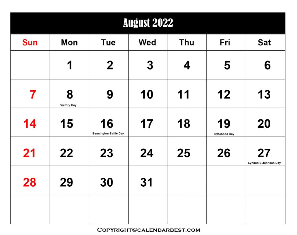 August Calendar 2022 with holidays