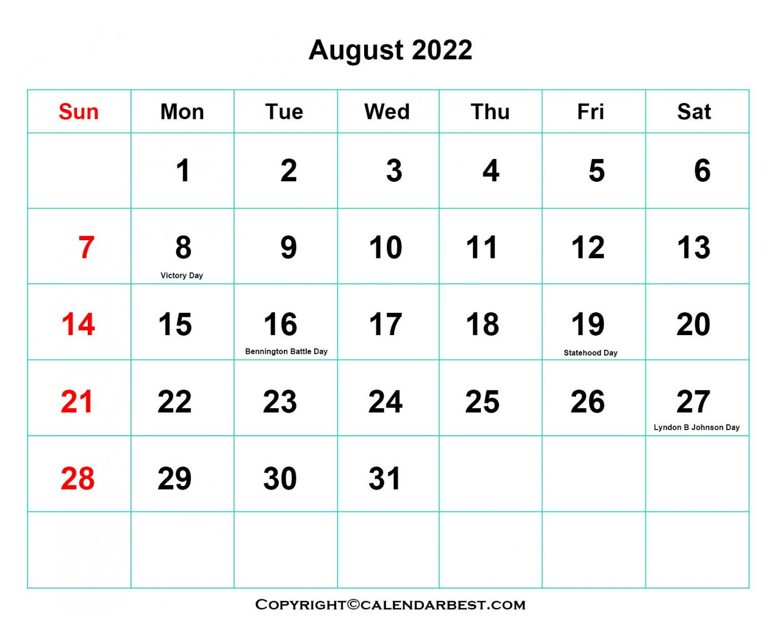 Free Printable August calendar 2022 with holidays