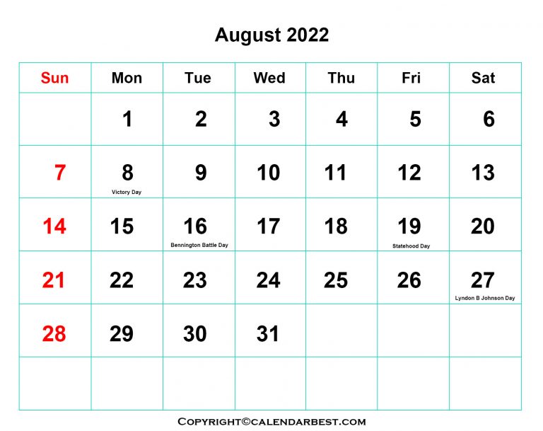 Free Printable August calendar 2022 with holidays