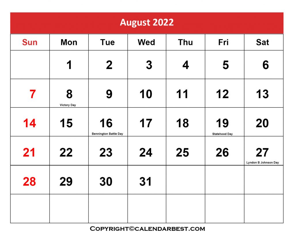 2022 August holiday Calendar