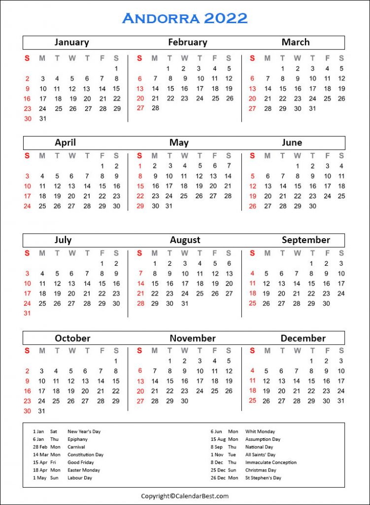 Andorra Calendar 2022