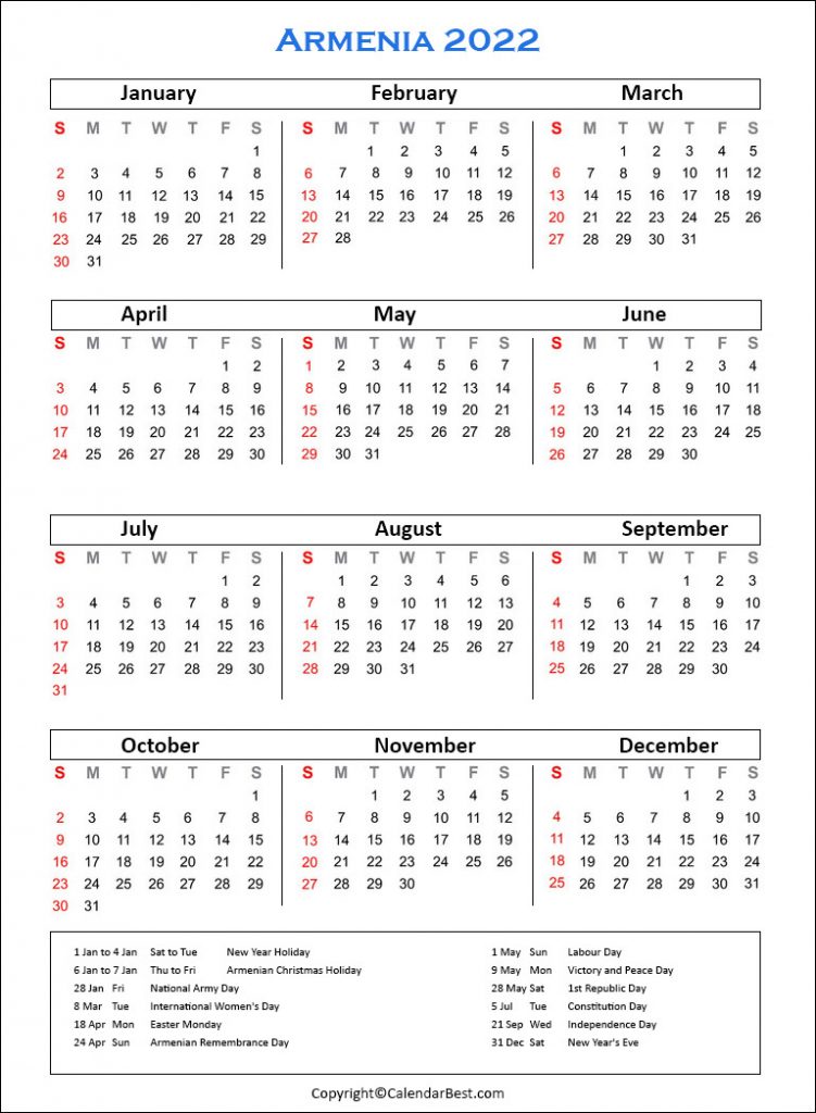 Armenia Calendar 2022