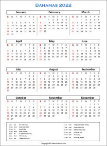 Free Printable Bahamas Calendar 2022 With Holidays