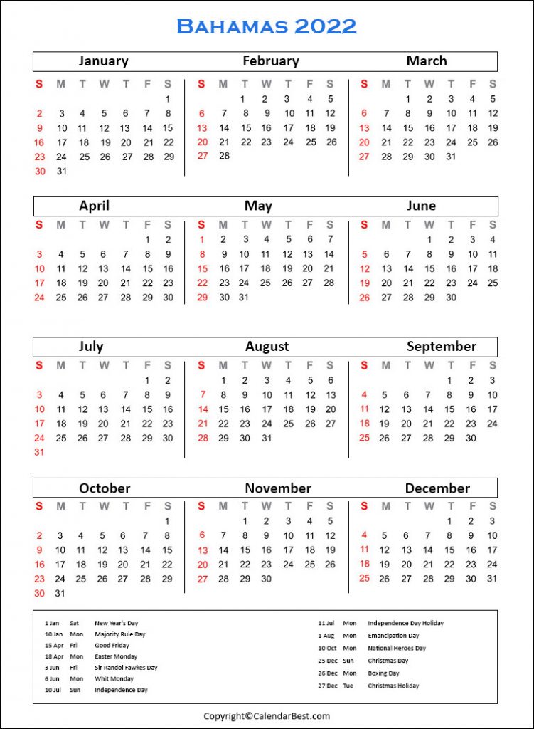 Bahamas Calendar 2022