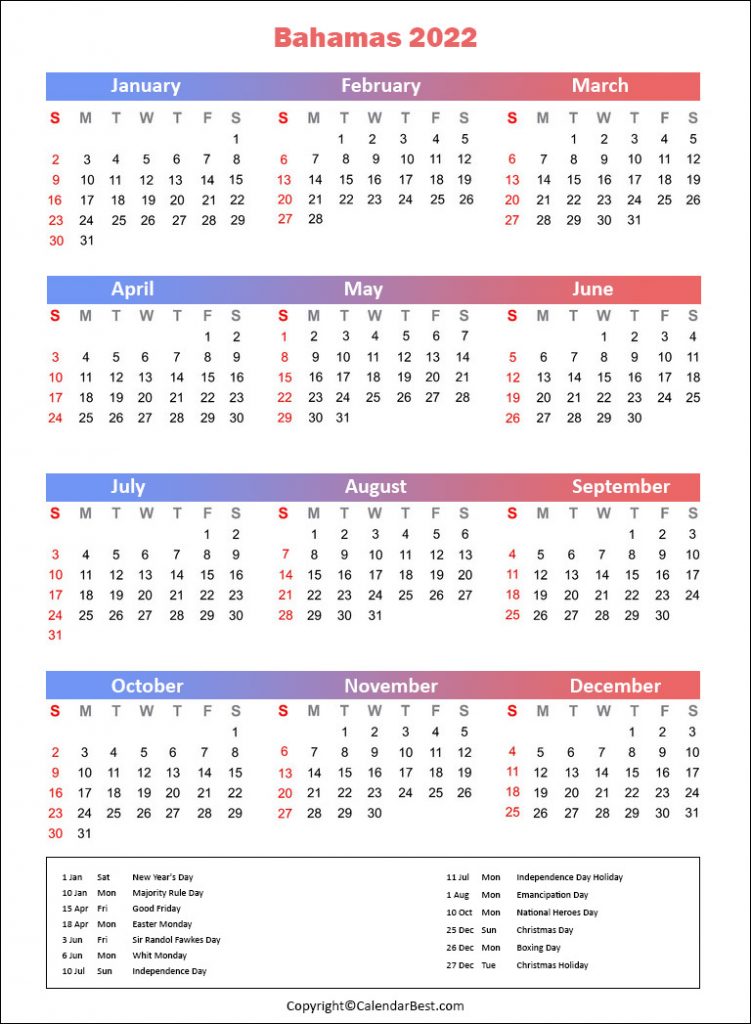 Printable Calendar 2022 Bahamas