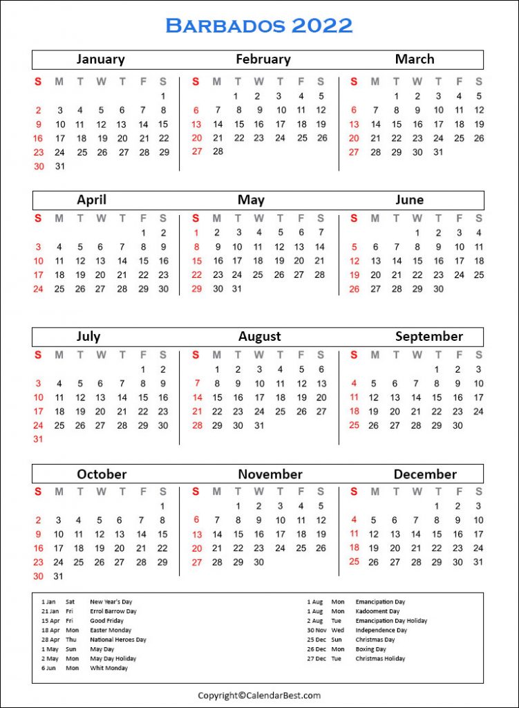 Barbados Calendar 2022
