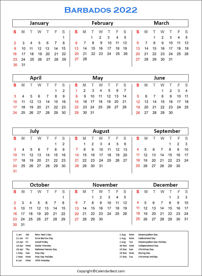 Free Printable Barbados Calendar 2022 With Holidays