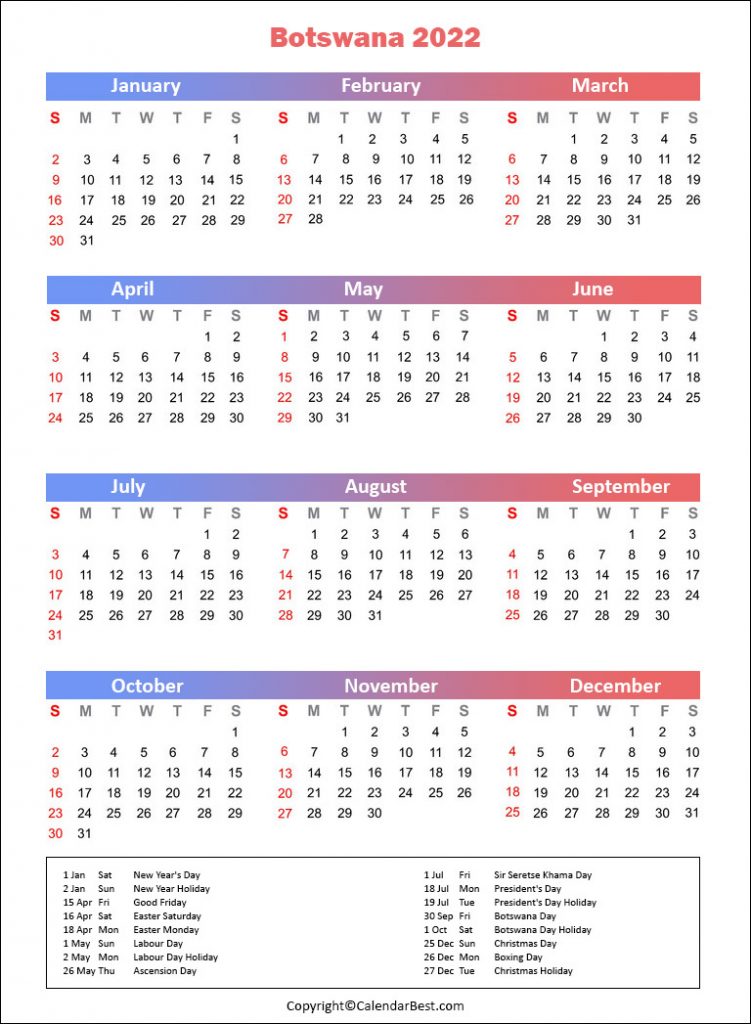 Printable Botswana Calendar 2022