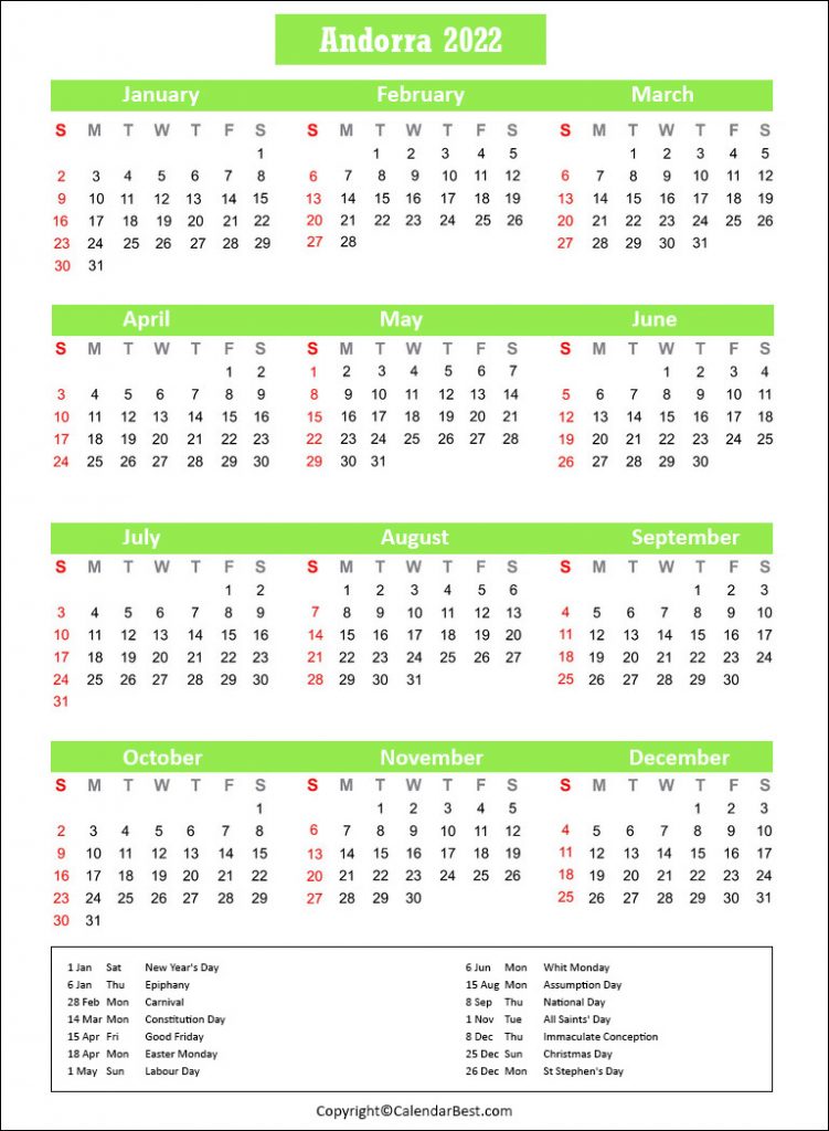 Andorra Holiday Calendar 2022