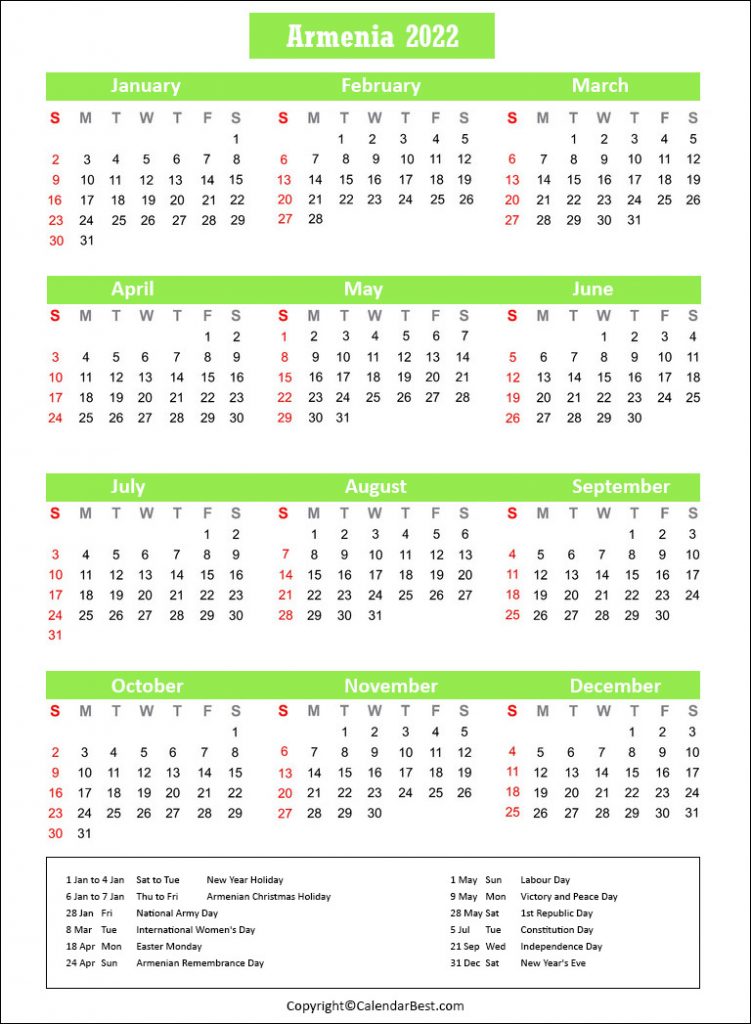 Armenia Holiday Calendar 2022