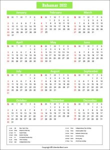 Free Printable Bahamas Calendar 2022 With Holidays