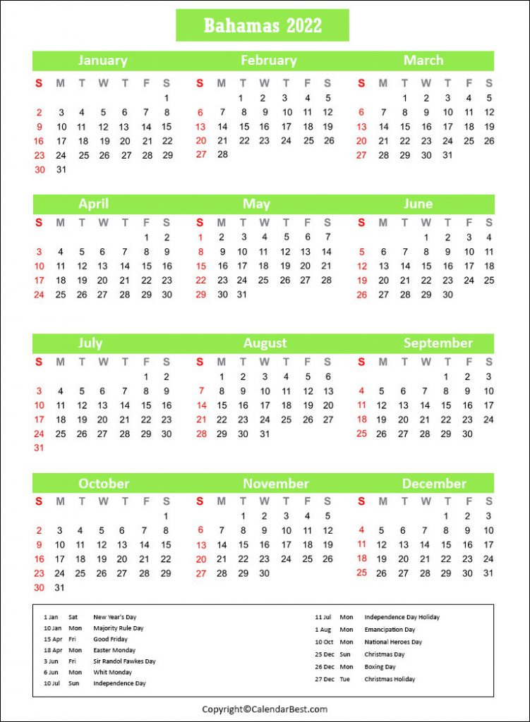 Bahamas Holiday Calendar 2022