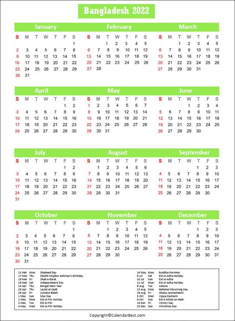 Bangladesh Holiday Calendar 2022