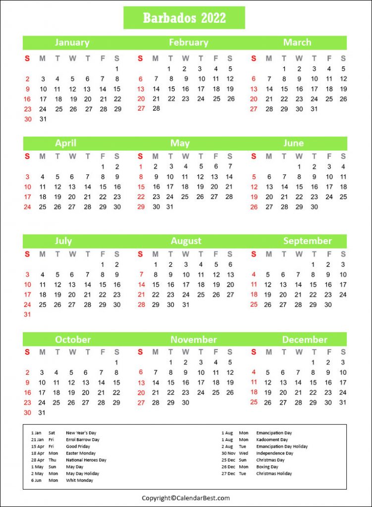 Barbados Holiday Calendar 2022