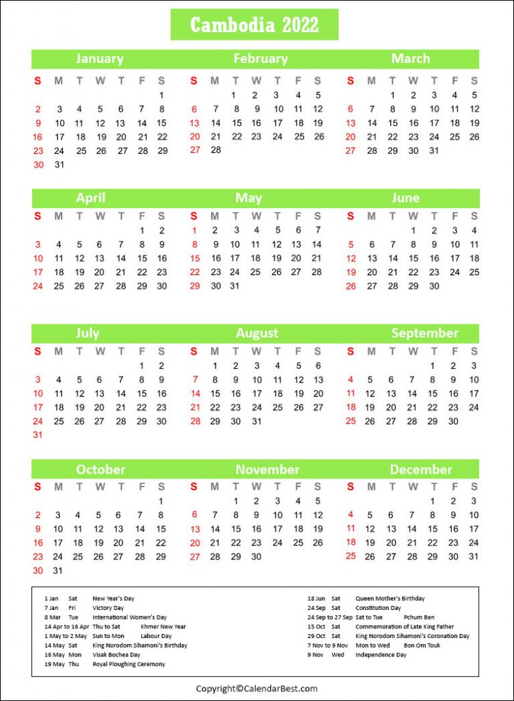 Cambodia Calendar 2022