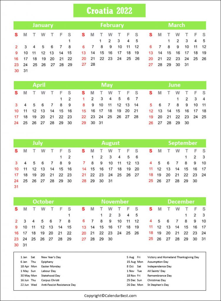 Croatia Calendar 2022 with Holidays