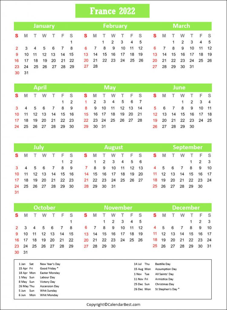 France Calendar 2022
