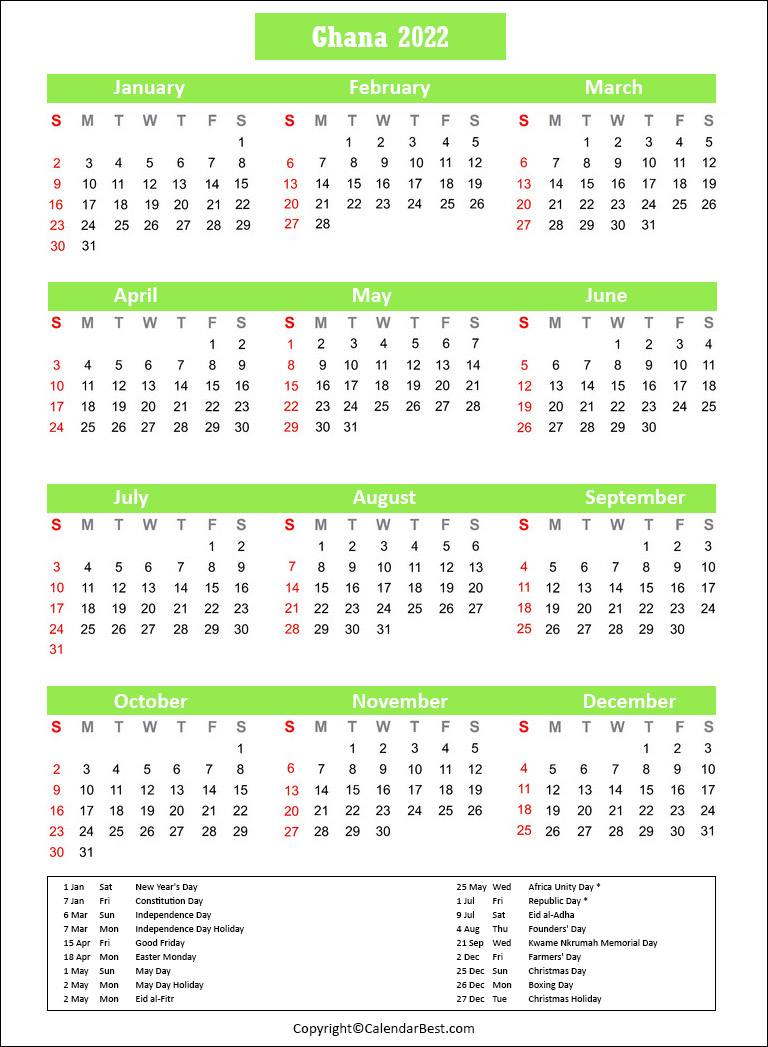 Free Printable Ghana calendar 2022 With Holidays