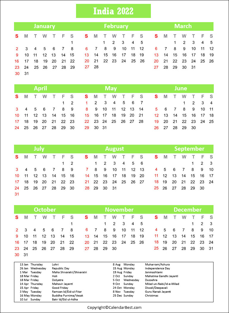 Indian Holiday Calendar 2022 In Excel