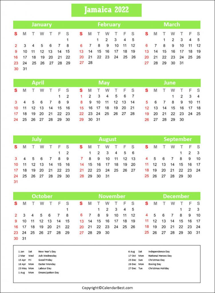 Printable Calendar 2022 Jamaica