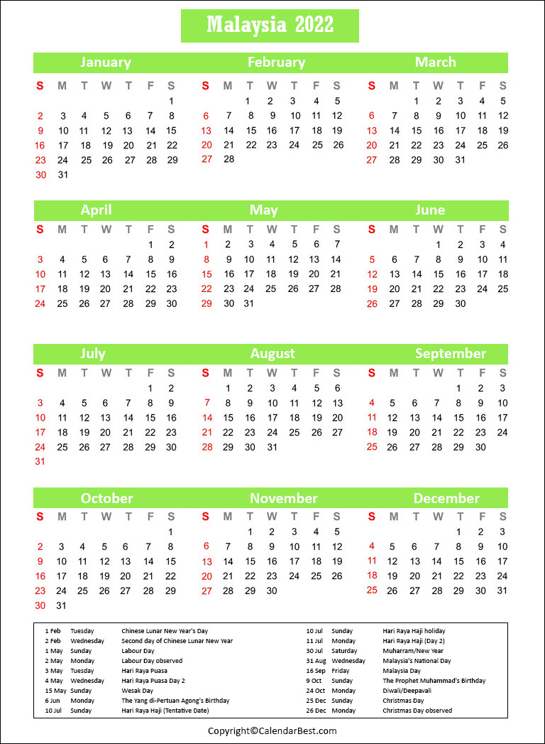 Malaysia Calendar 2022 Malaysia Holiday Calendar 2022 | Best Printable Calendar