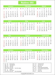 Free Printable Maldives Calendar 2022 With Holidays