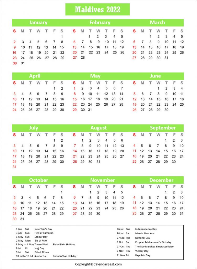 Maldives Calendar 2022