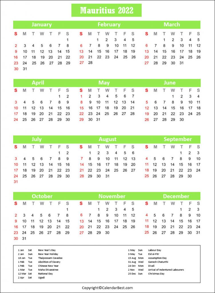 Printable Mauritius Calendar 2022 