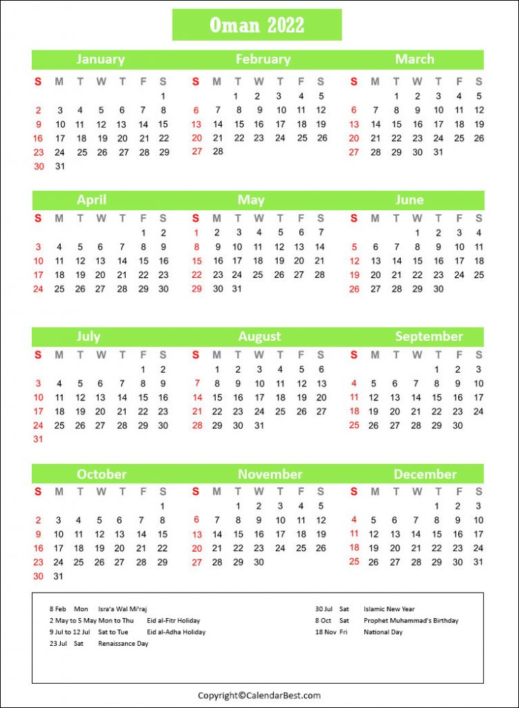 Oman Calendar 2022