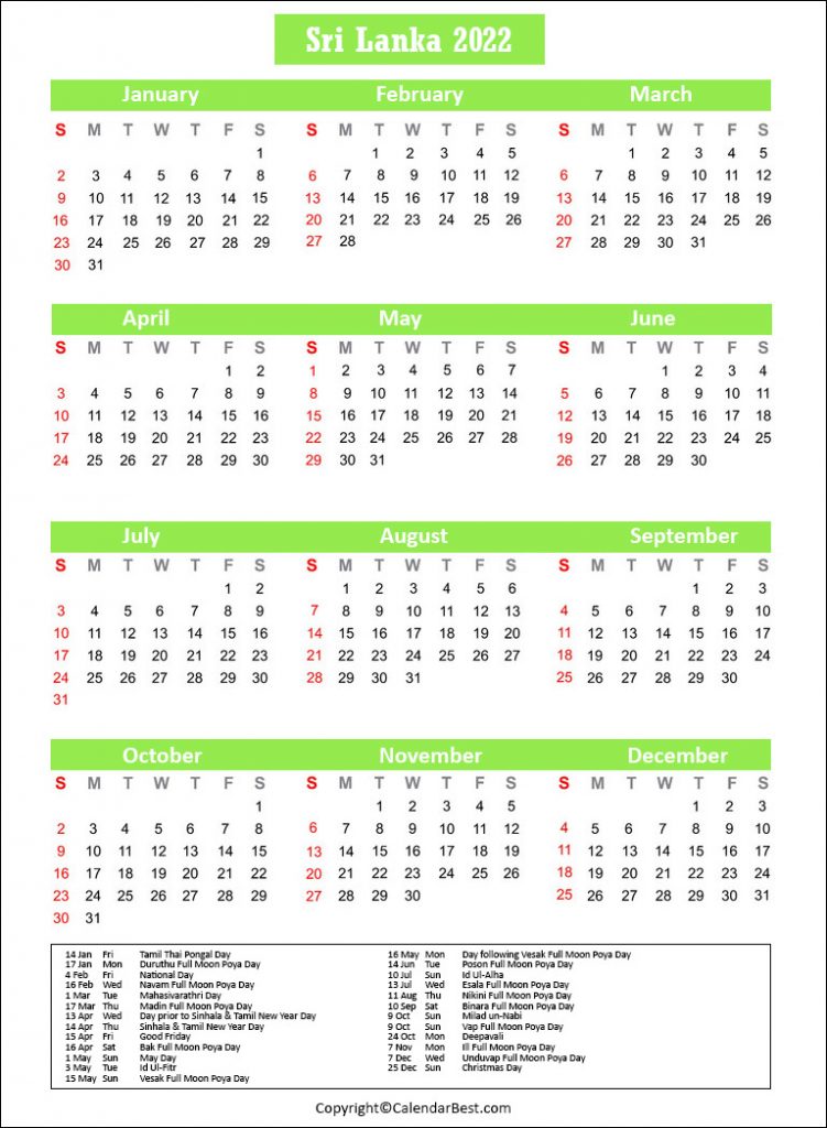 Sri Lanka Calendar 2022