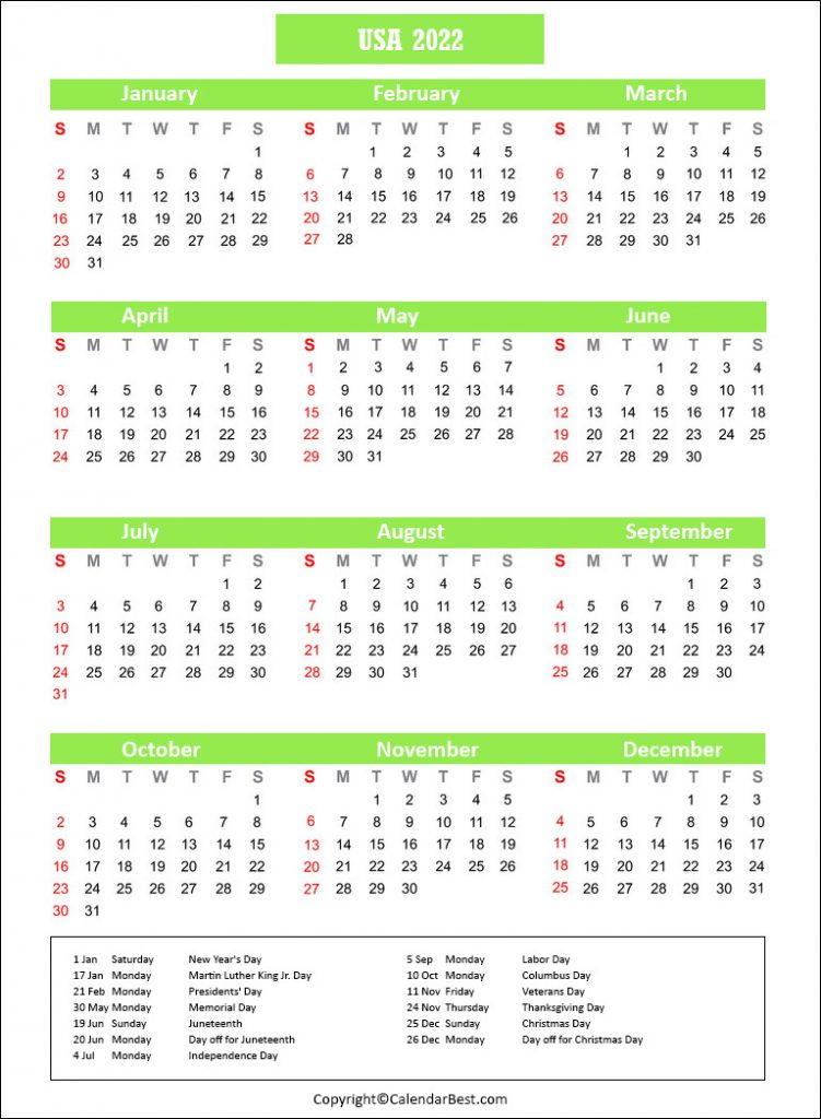 USA Calendar 2022