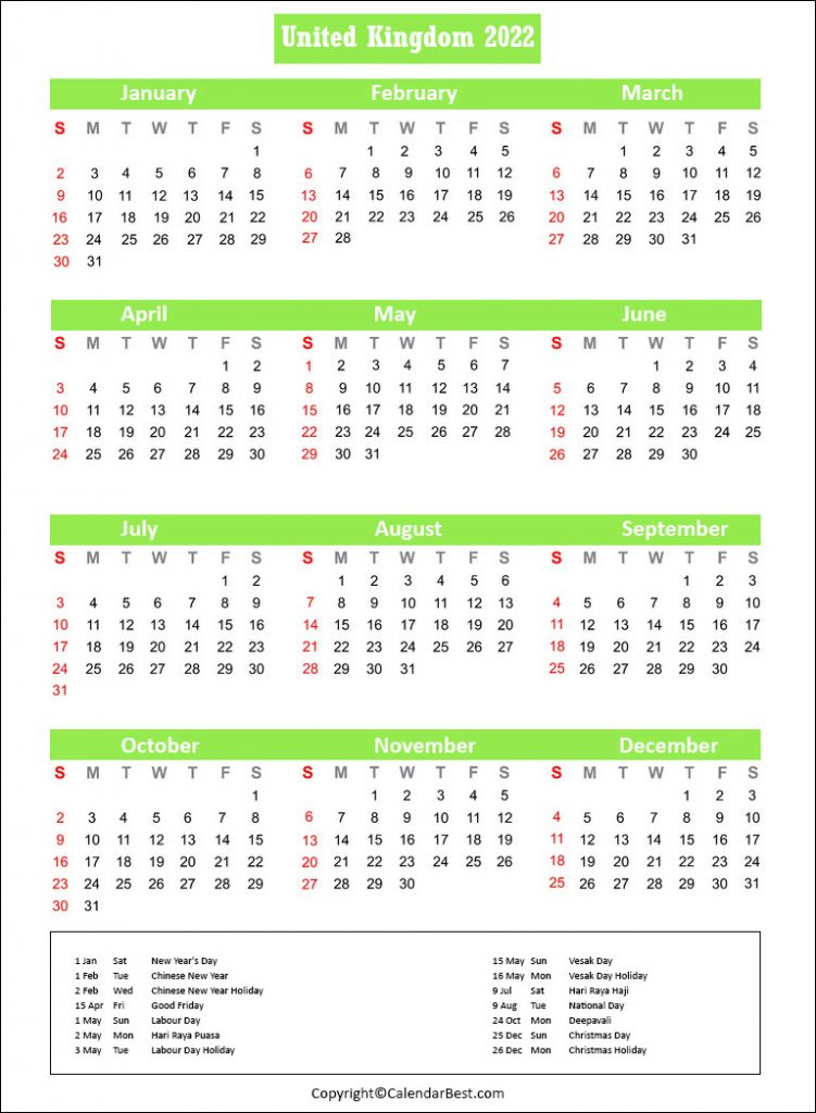 UK Calendar 2022